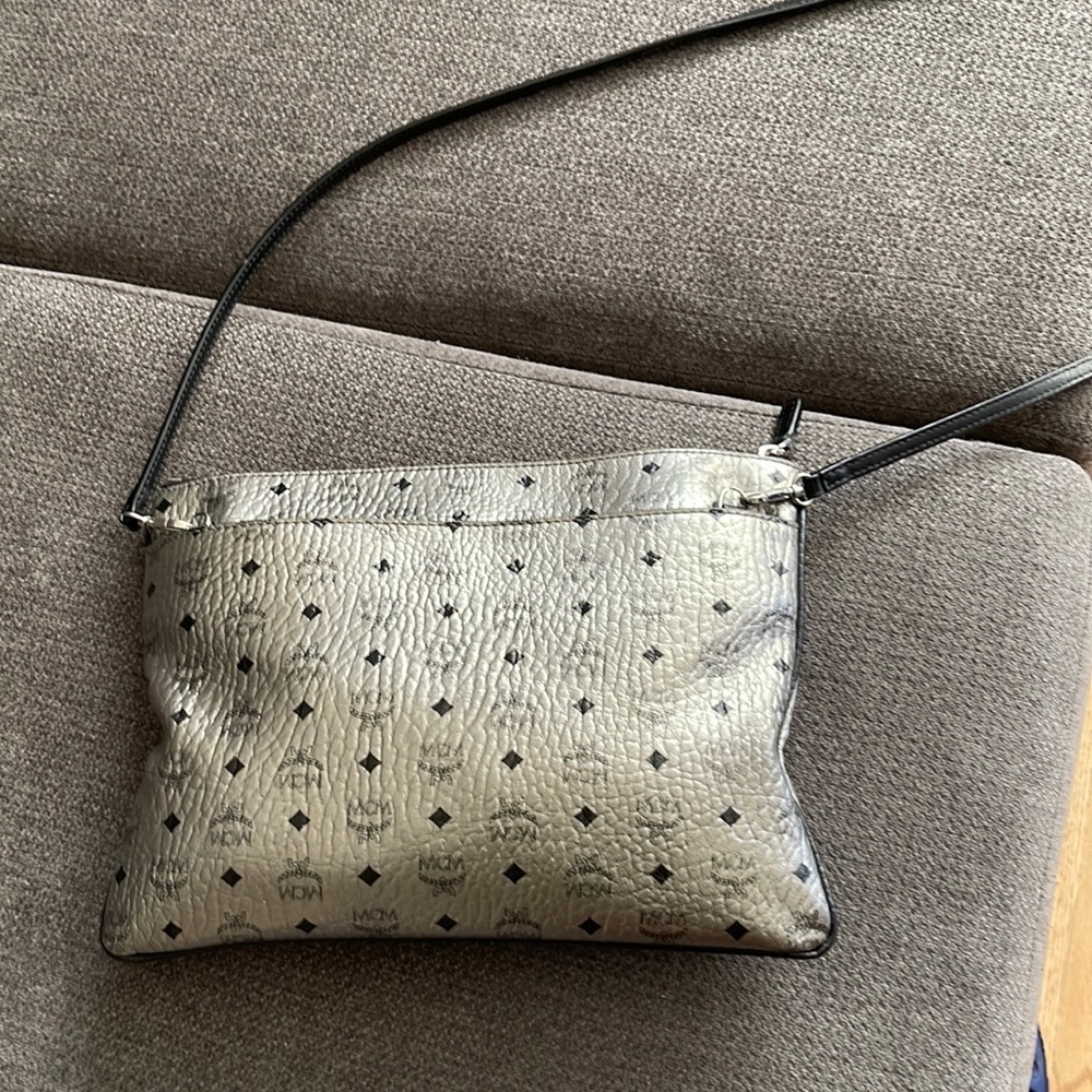 Mcm authentic metallic silver cross body